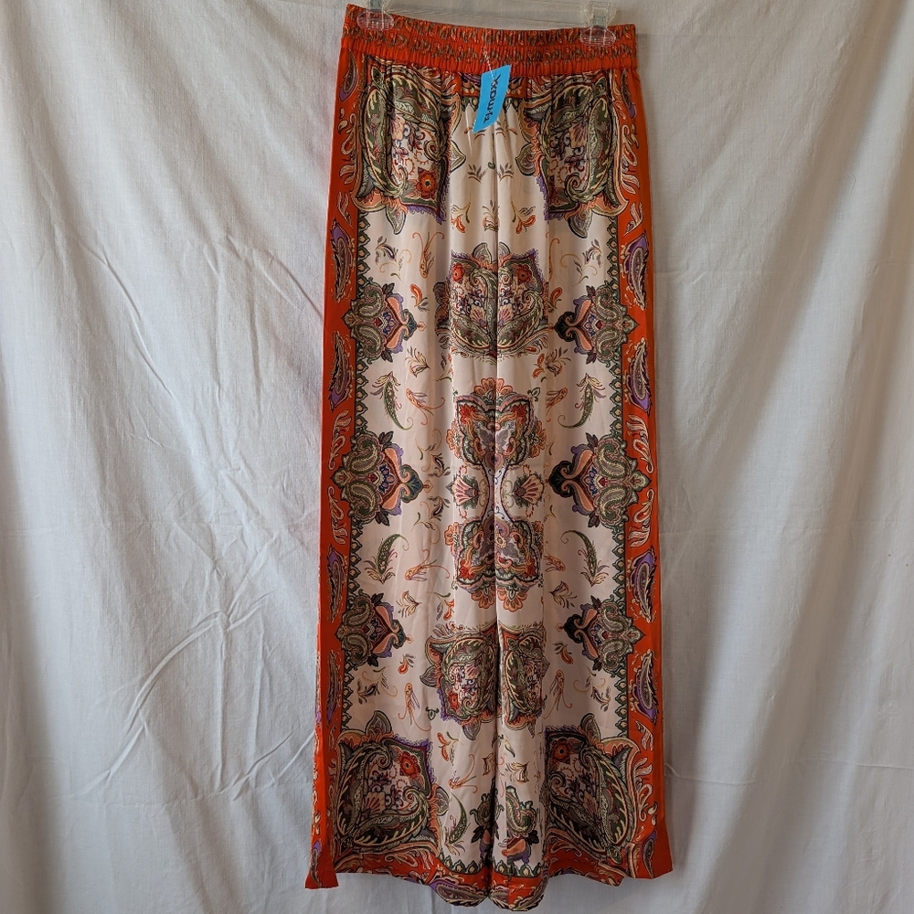RACHEL ZOE White Orange Satin Wide Leg Pants Small New - Picture 4 of 12